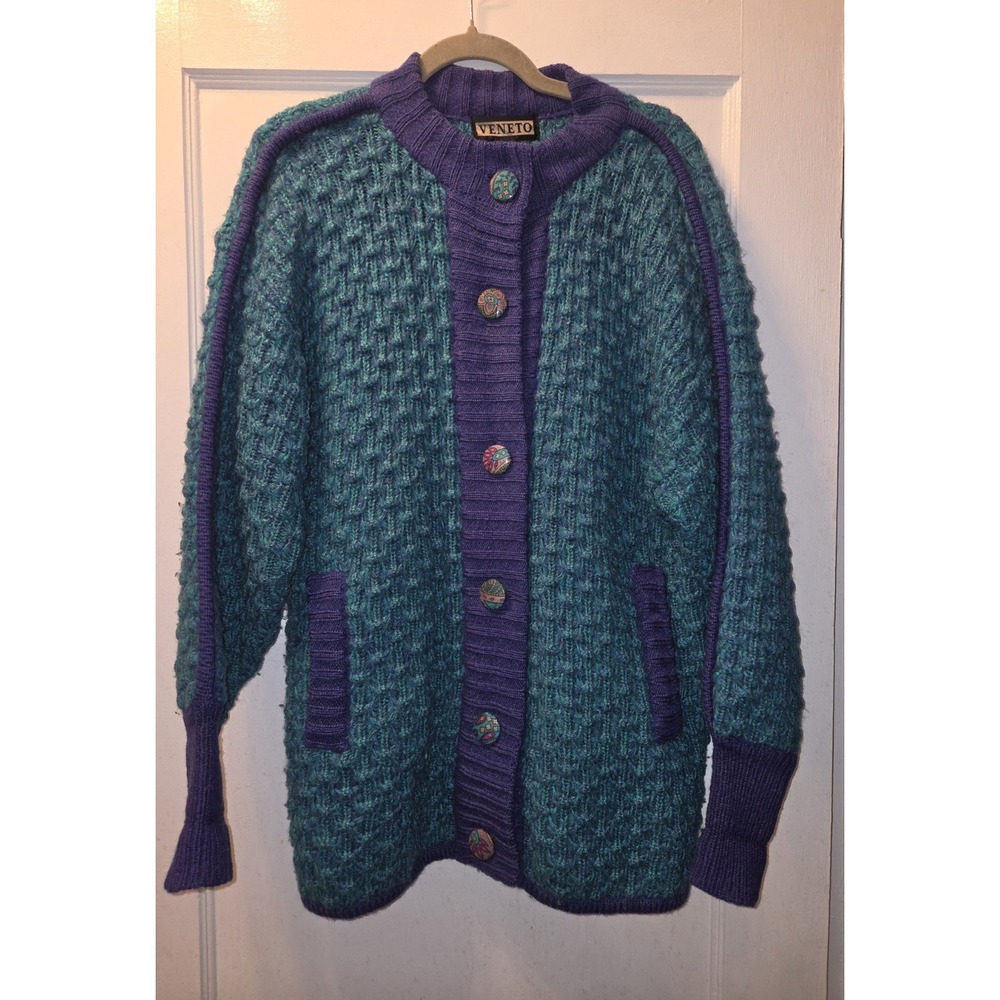 Vintage 80's Veneto Teal Purple Colorblock Knit Button Front Cardigan Sweater S